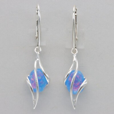 Blue Oval FIRE OPAL Dangle / Drop Earrings - 925 STERLING SILVER Leverback #192e