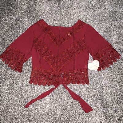NWT Womens Self Esteem Red Boho Cropped 3/4 Sleeve Shirt Top Blouse Size S