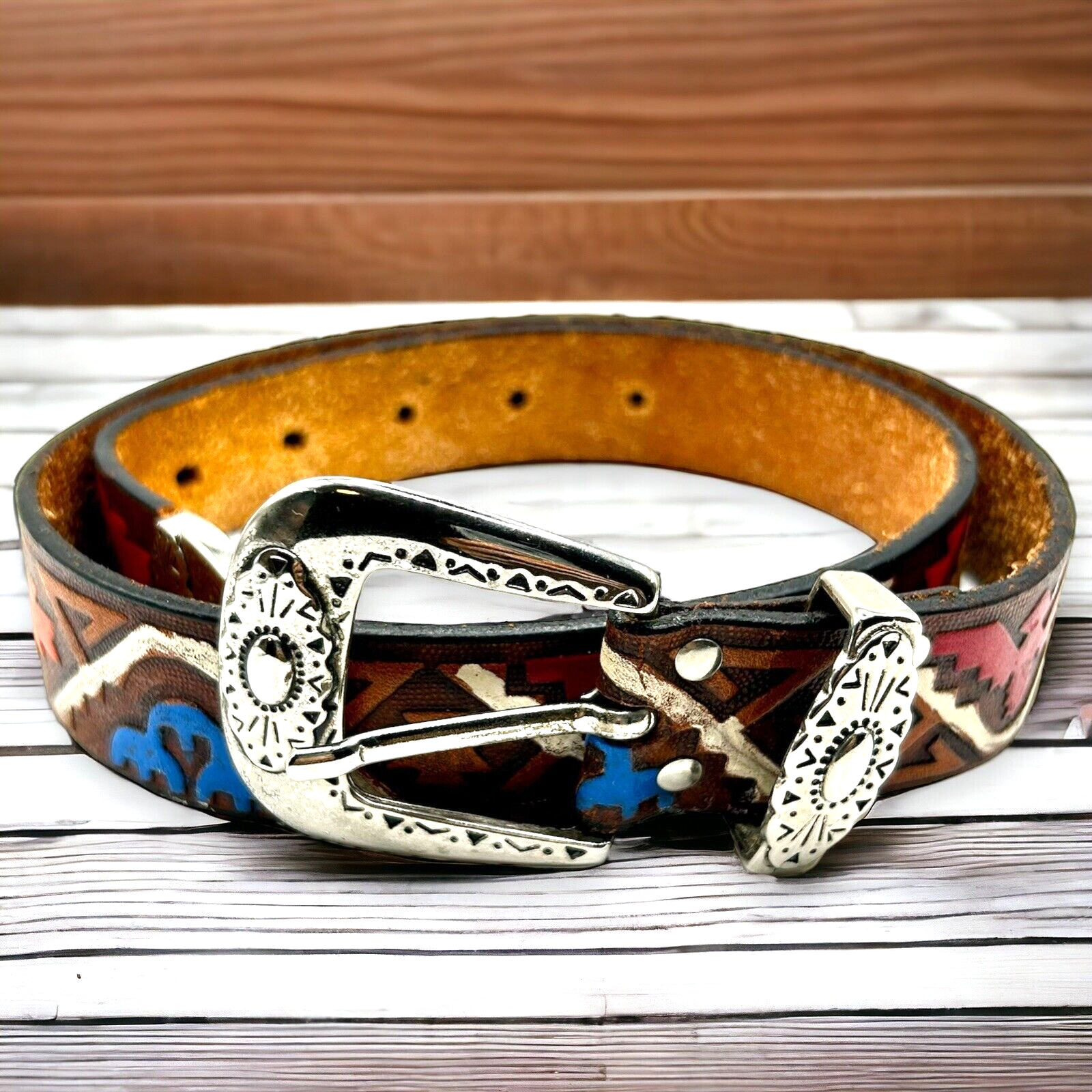 Milor Tooled Leather Belt Southwest Thunderbird Aztec Size  display picture 1