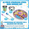 Tioncy 15 Pcs Stainless Steel Kids Dinner Set, 3 Bowls, 3 Balanced Bites Divided Plates, 3 Cups, 3 Spoons and 3 Forks, Stainless Steel Lunch Plates Dinnerware Set for Kids Toddlers(Rainbow,Cute)