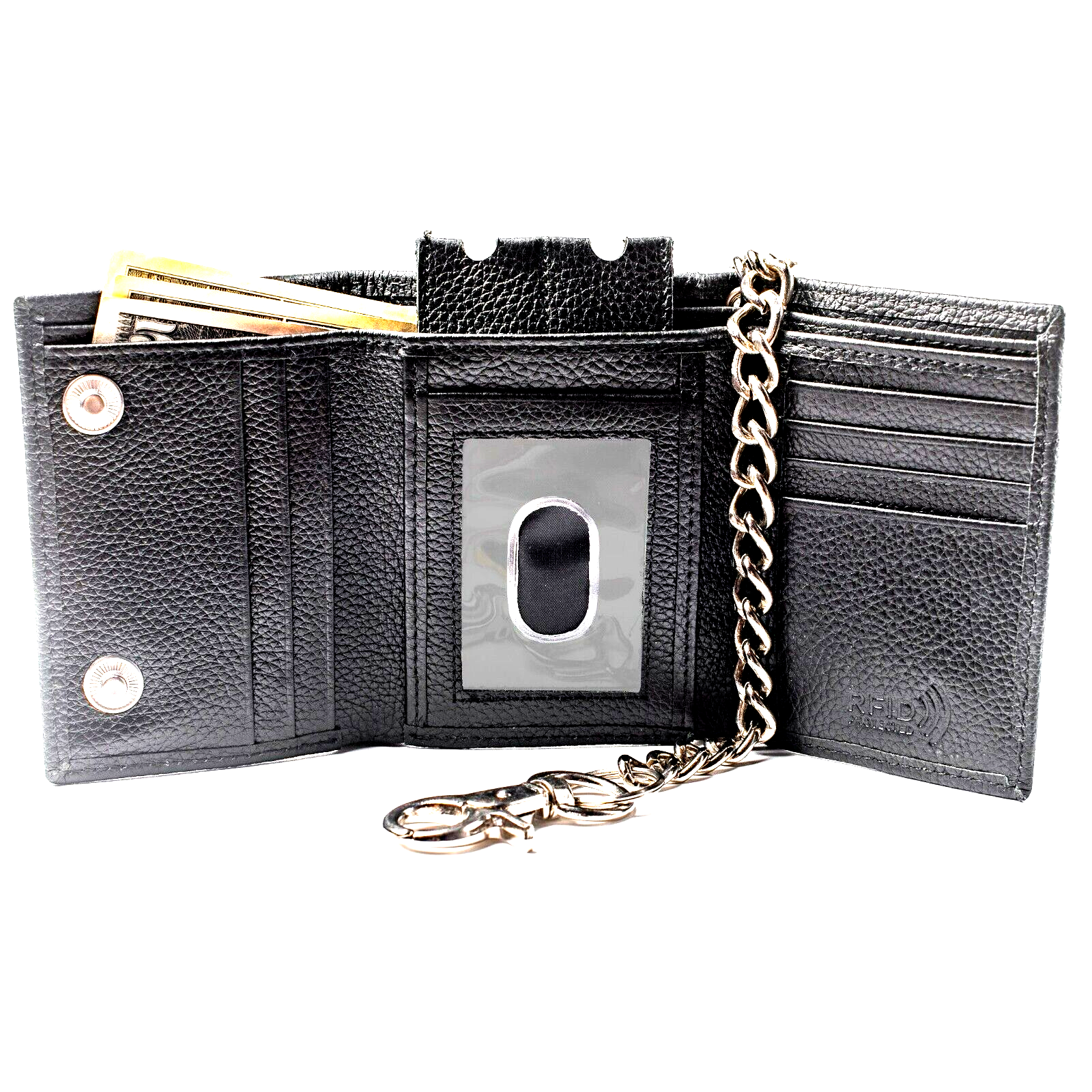 RFID Safe Genuine Leather Trifold Chain Wallet for Men Biker Snaps Purse J112