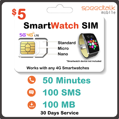 $5 Speedtalk Smartwatch SIM Card Talk Text Data for 4G Smart Watch GPS Tracker  