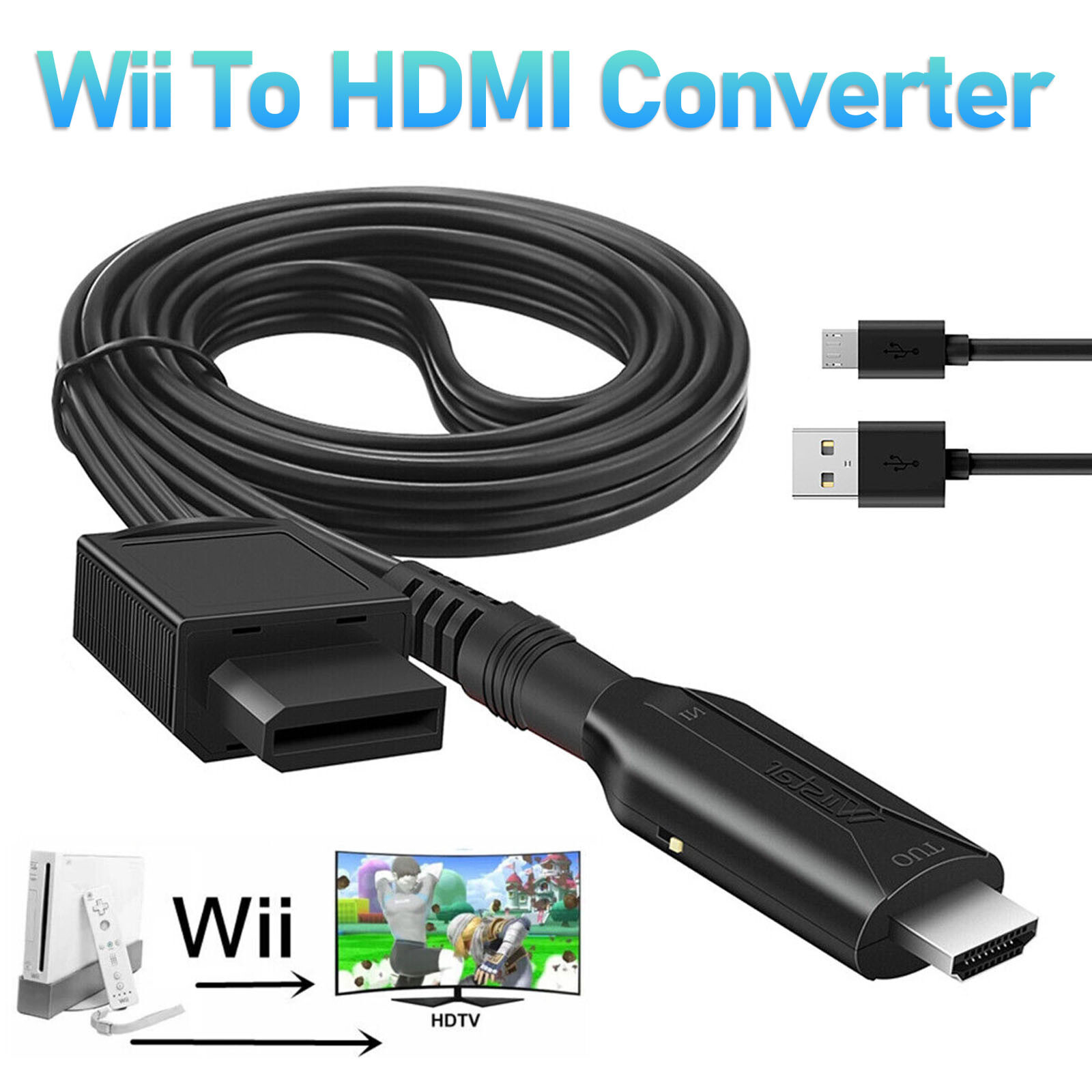 For Wii to HDMI Adapter Converter with USB Cable High Speed Game Conversion Cord