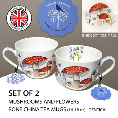 2 BLUE BIRD AND WILLOW Red Dotted Mushrooms Flower Bone China Tea Mugs Identical