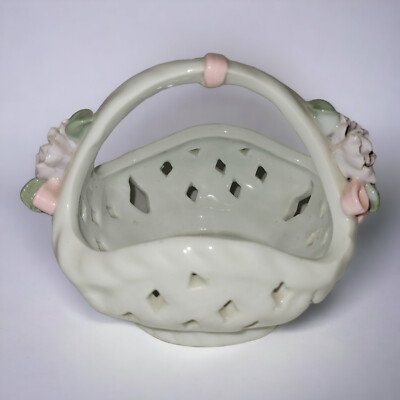 White Ceramic Basket Weave Diamond Cutouts Handle Floral Ribbon Trinket
