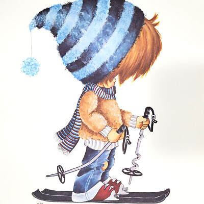 1970s Little Boy Sports Wall Art Print Child Snow Ski Star 11 x 14 in Lithograph