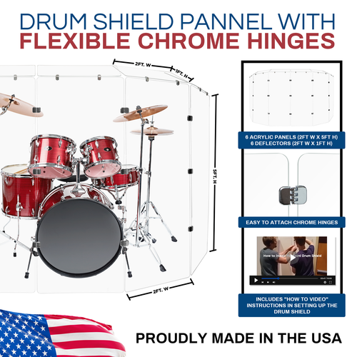 PENNZONI Drum Shield 5ft Acrylic Panels w/ Deflector & Bright Chrome Hinges