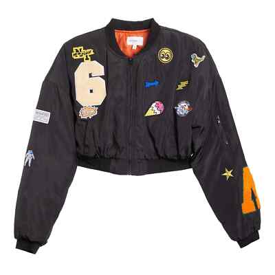 Flight Aviator Junior's Black Bomber Jacket with Silly Patches in Size Medium