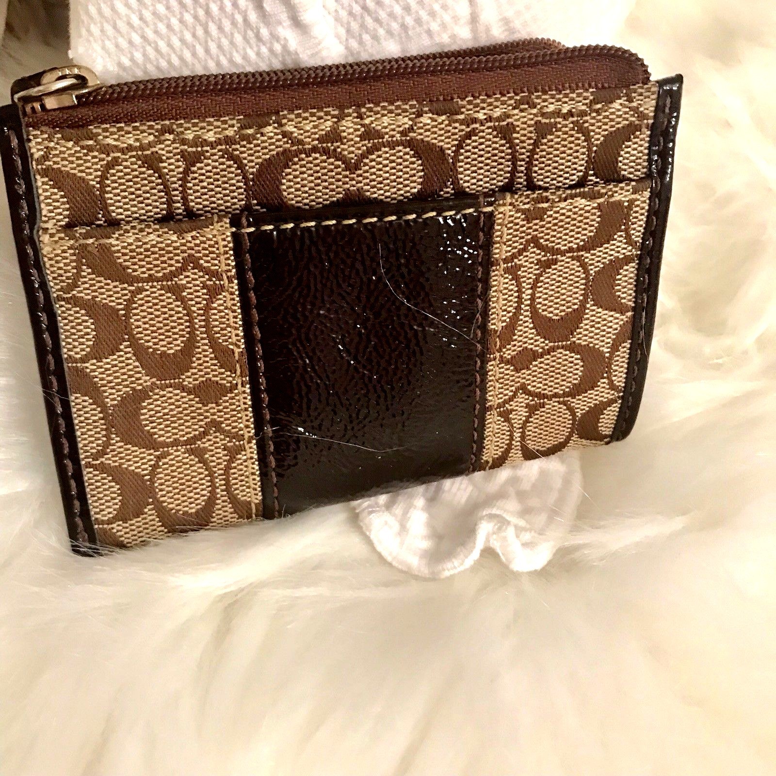 COACH  PATENT LEATHER CANVAS WALLET CREDIT CARD CASE SIGNATURE BRASS HARDWARE