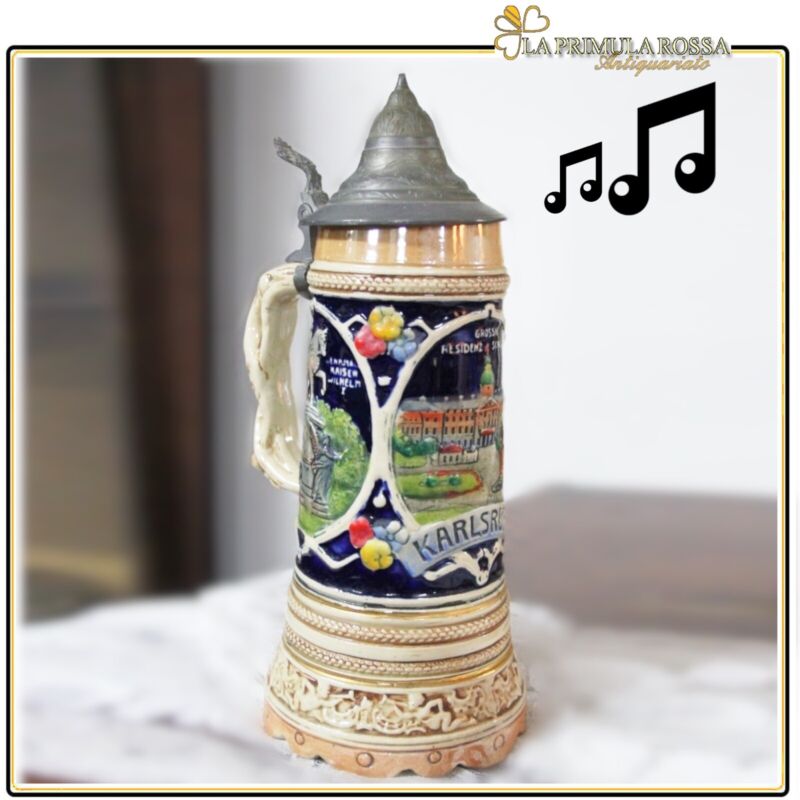 Boccale da birra in ceramica tedesco vintage carillon con coperchio bicchiere