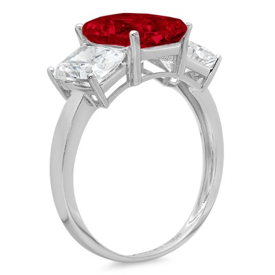 Pre-owned Pucci 4ct Emerald 3 Stone Real Red Garnet Classic Bridal Statement Ring 14k White Gold