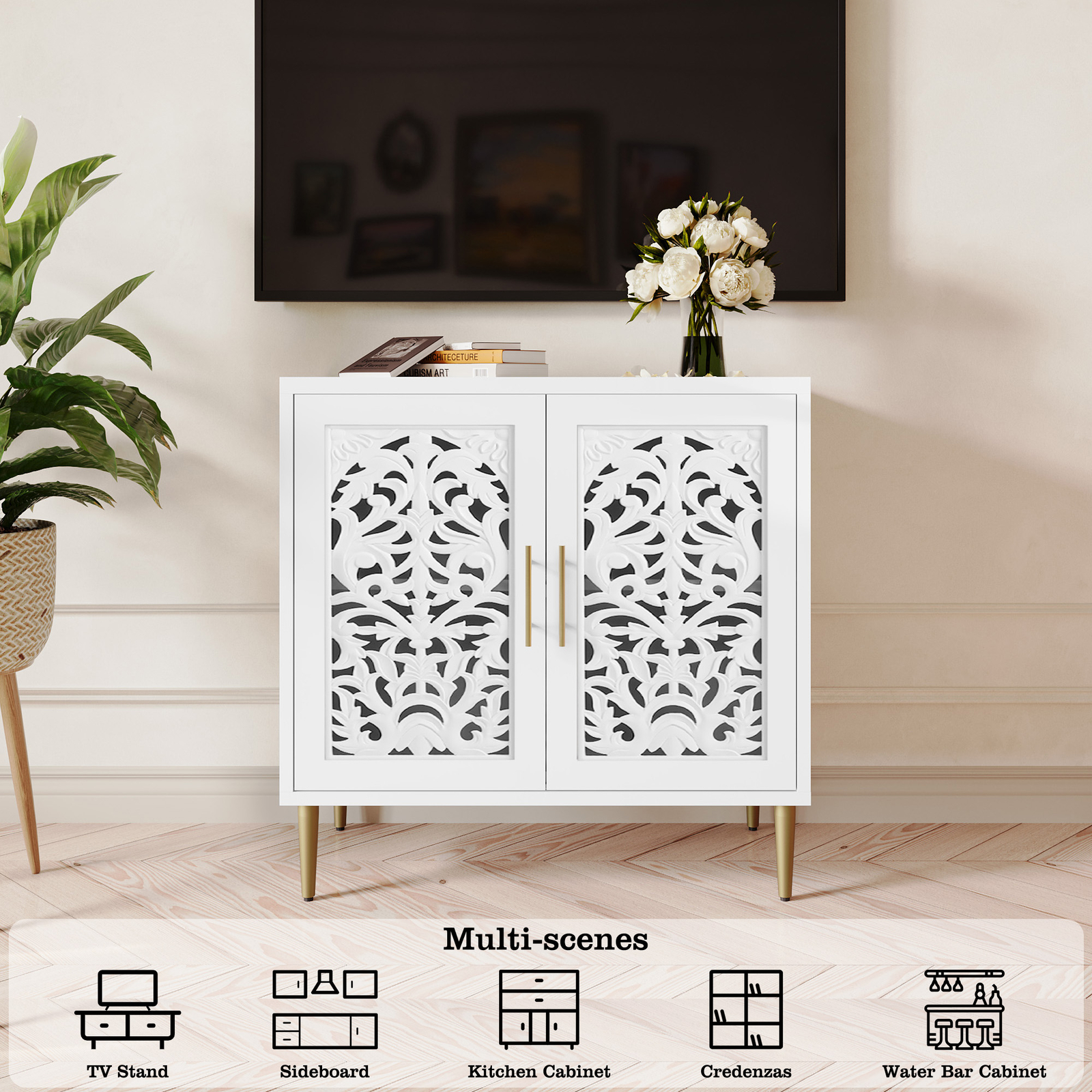 Accent Cabinet Sideboards with Doors Vintage Hollow Carving Buffet Cabinet White
