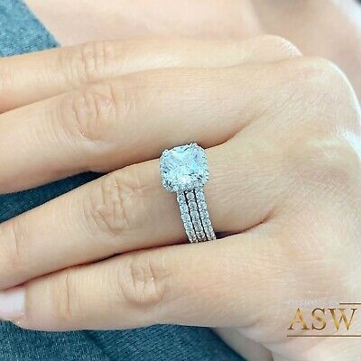 Pre-owned Asw 14k White Solid Gold Cushion Moissanite Diamond Engagement Ring And Bands 3.70ct