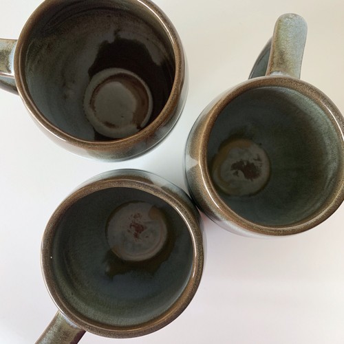 Rare Vintage Frankoma Set Of 3 Coffee Mugs Plainsmen Prairie Green Footed Base