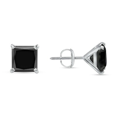 Pre-owned Shine Brite With A Diamond 4 Ct Princess Cut Black Earrings Studs Solid 14k White Gold Screw Back Martini In White/colorless