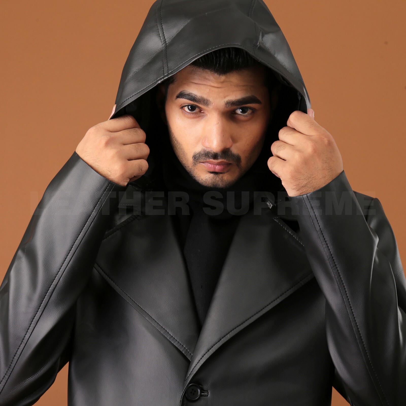 Pre-owned Supreme Men Black Long Hooded Coat For Men Leather Long Trench Coat Duster Coat