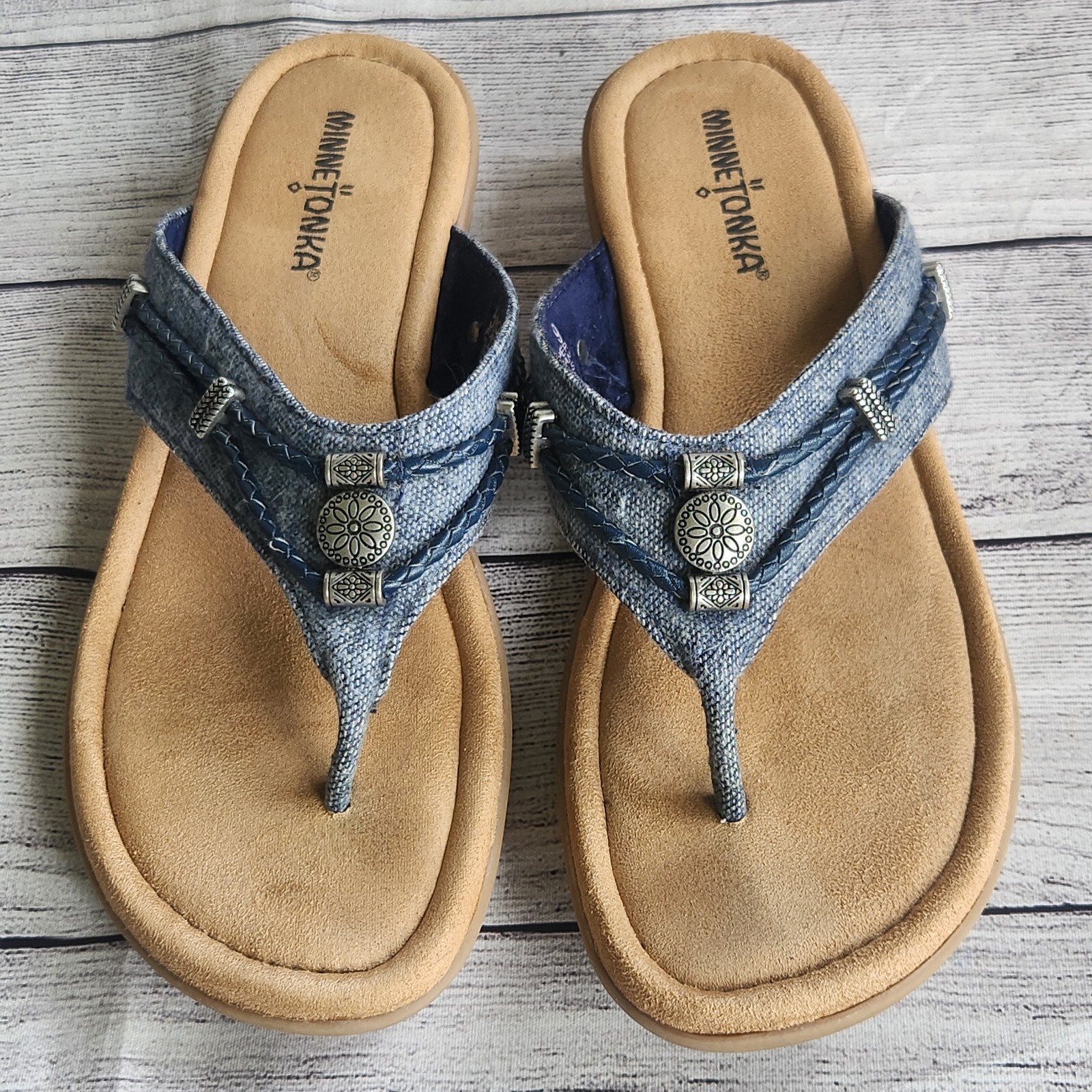 Minnetonka Silverthorne Flip Flop Sandals SZ 9 Denim Blue