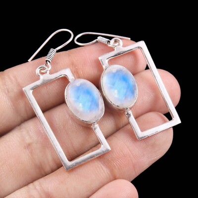 925 Sterling Silver Natural Rainbow Moonstone Gemstone Jewelry Handmade Earring