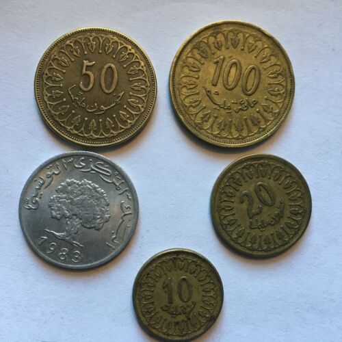 Tunisia 5 Coins 100 millim, 50 millim, 20 millim, 10 millim, 5 millim LOT 185