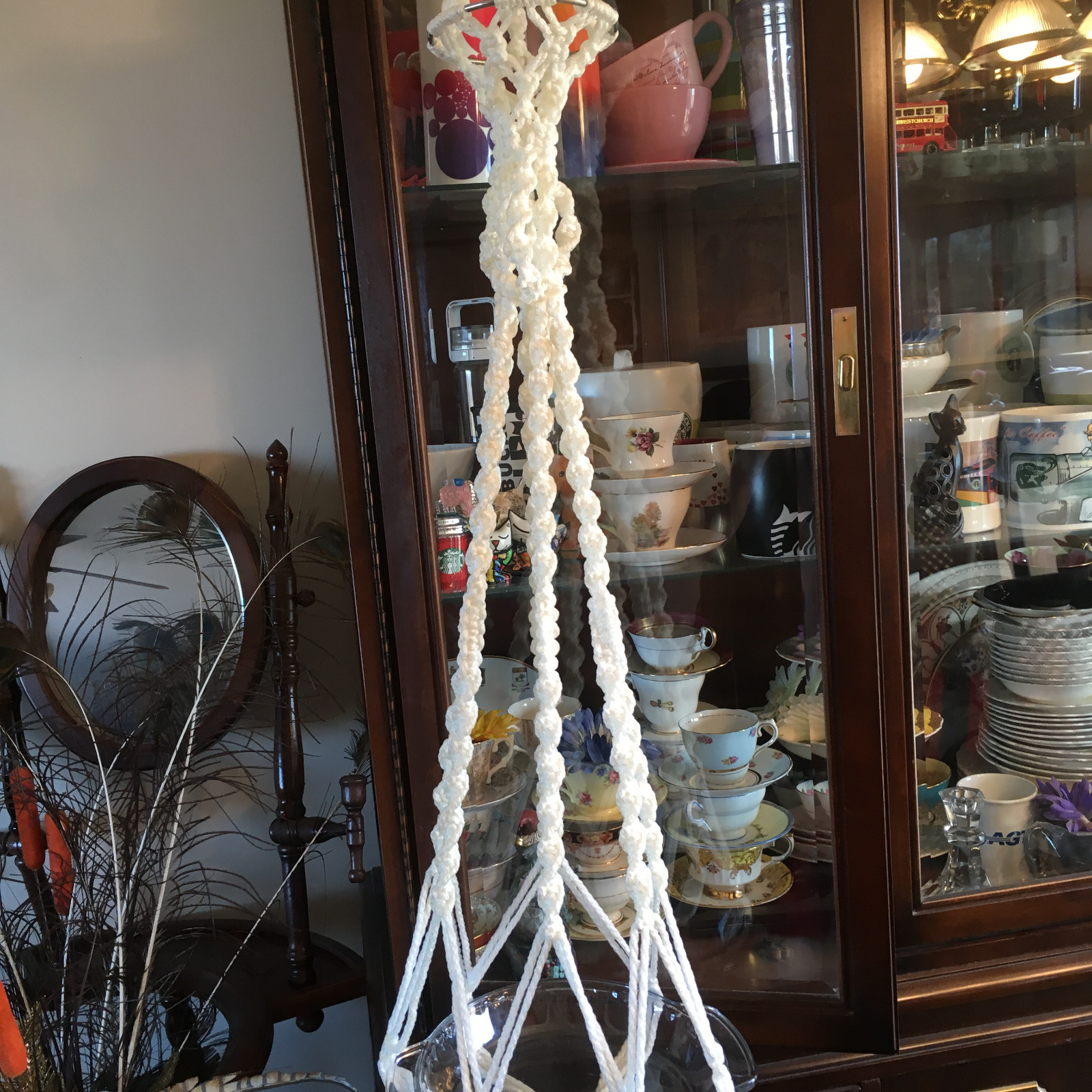 Vintage Macrame Plant Holder Handmade Single Holder Retro White