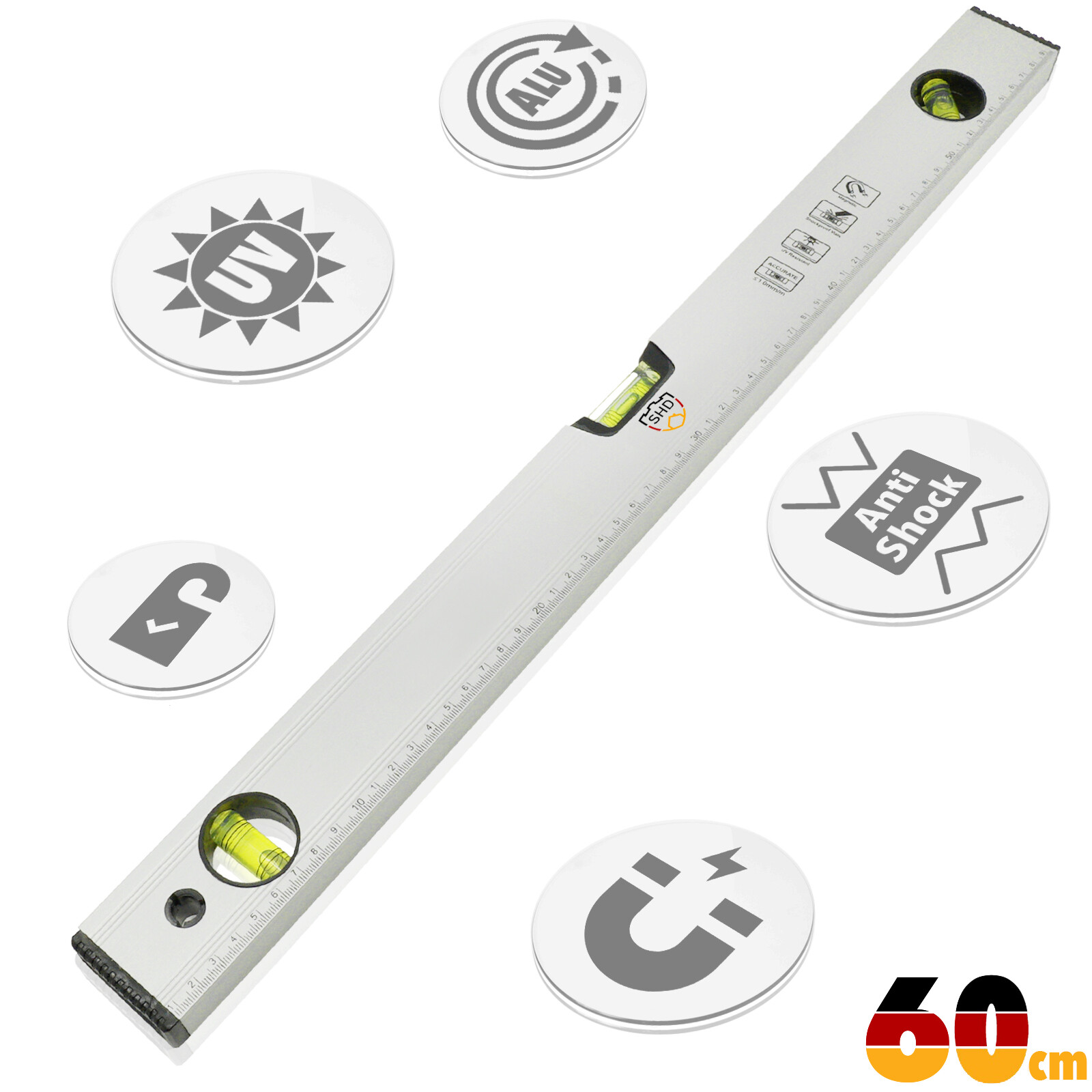 Wasserwaage 60 cm klein magnetisch, Magnetwasserwaage mit 60cm Lineal, Aluminium