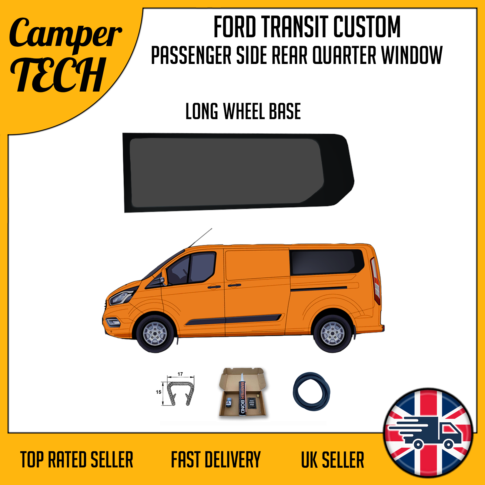 Ford Transit Custom LWB Passenger side window with Bonding Kit and U-Trim