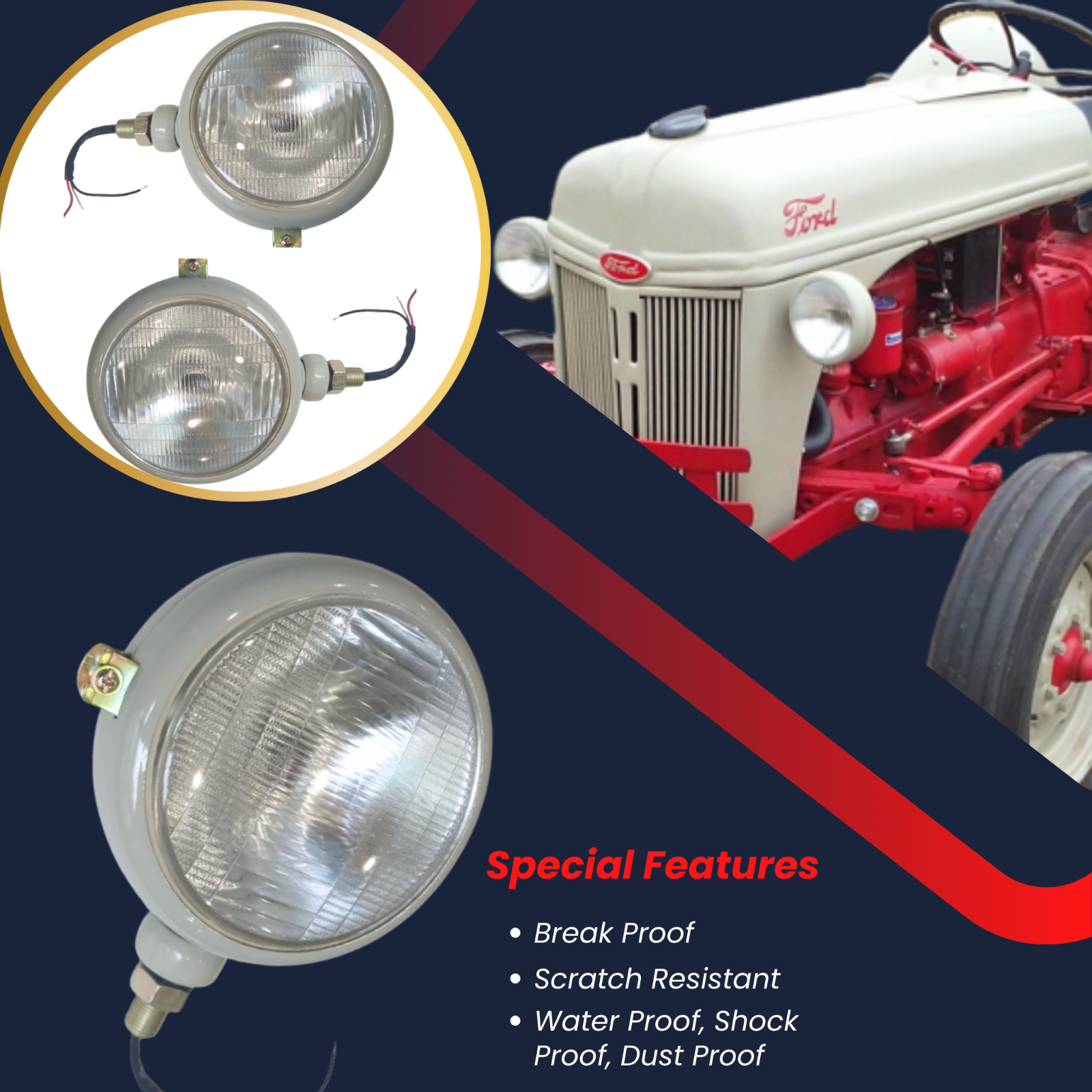 Ford Tractor Grey Headlight with Butler fits 2N, 9N, 8N, 600, 800, NAA 310066F