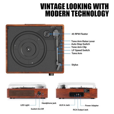 Bluetooth Turntable Vinyl Record Player with Speakers, 3 Speed Belt Driven Vint