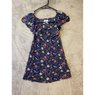Forever 21 Girls Navy Floral Ruffle Off Shoulder Dress Size 9/10 Boho Summer