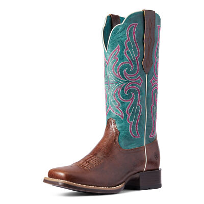 Pre-owned Ariat Ladies Primera Barrel Brown & Teal Stretchfit Boots 10038303 In Multicolor