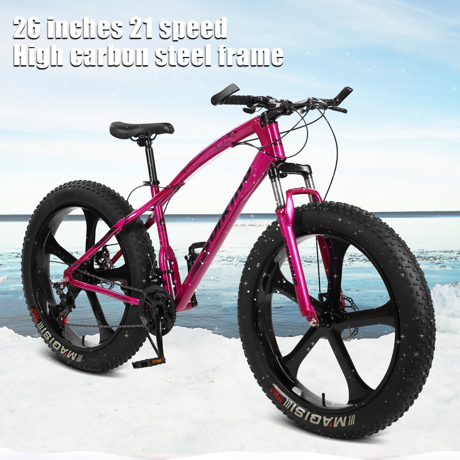 🌸*4.0 26In 21Speed ​​High-Carbon Steel Frame,Beach &Snow Fat Tire Mountain Bike