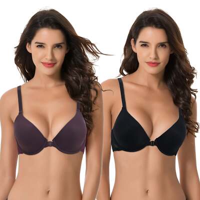 Women's Plus Size Full Coverage Underwire Front Close Bras-2PK-BLACK,PLUM