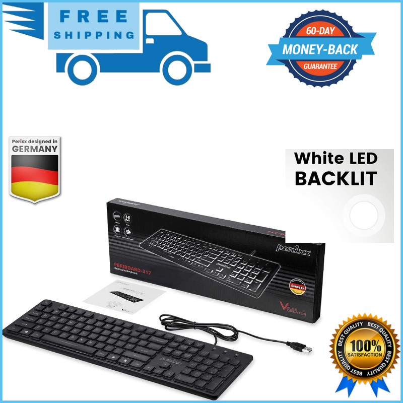 Large Print Computer Keyboard LED Lighted White Backlit Full