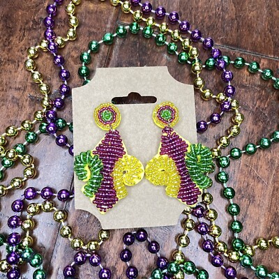 Mardi Gras Earrings Seed Bead Fleur de Lis Purple Green Gold New Orleans NEW