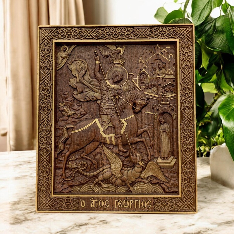 Saint George Wooden Carved Handmade Byzantine Greek Orthodox Christian Icon