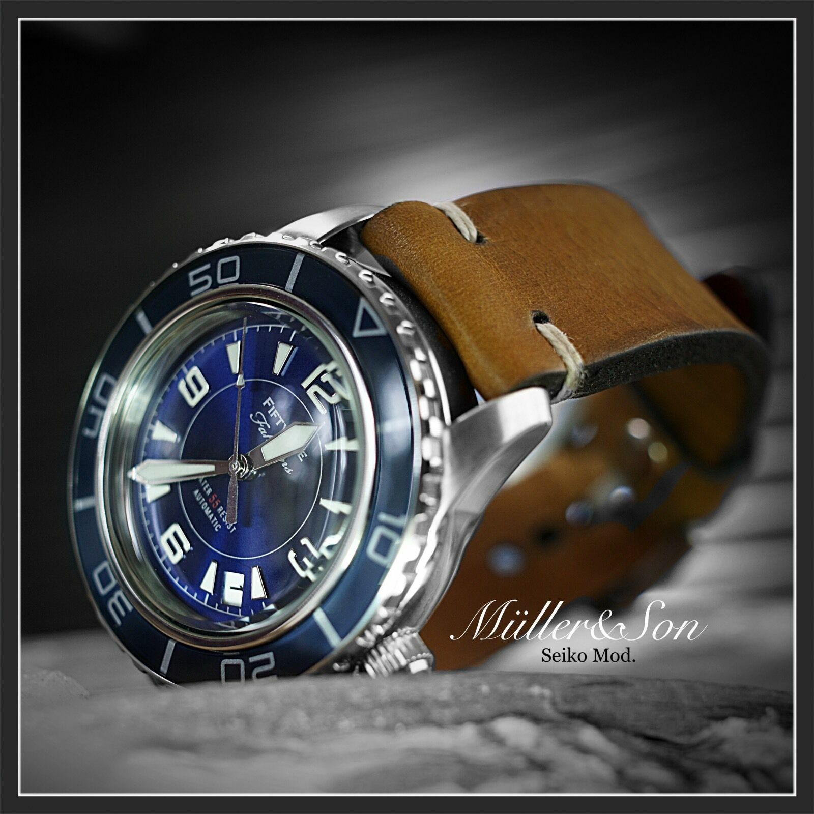 Pre-owned Müller&son Watch "blue Mod 1" From Seiko Snzh Fifty Five Fathoms + Horween Strap