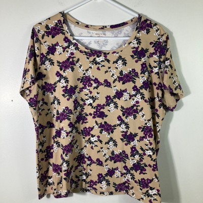 Womens White Stag Floral Short Sleeve Cotton Tee Tan Purple 2XL