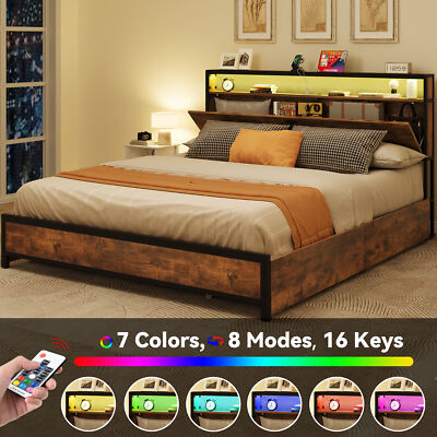 TAUS King Size Bed Frame with Storage Headboard and Platform Bed with 4 Drawers