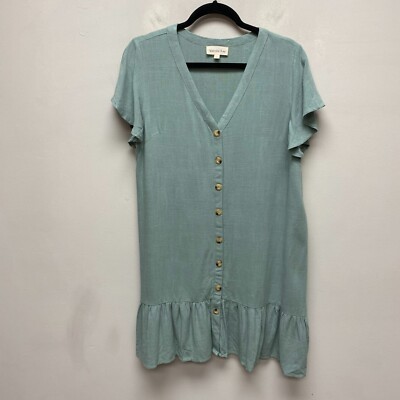 Vanilla Bay Womens Sage Green Rayon Flutter Sleeve Button Ruffle Hem Dress L