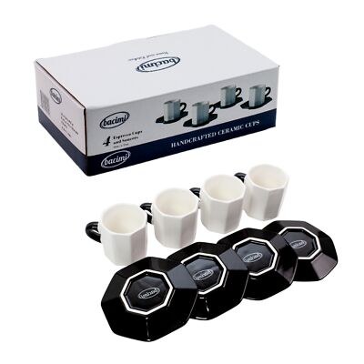 Bacimi Handcrafted Ceramic Octagon Espresso Cup W/ Saucers 2.70oz / 80ml 4 Pack