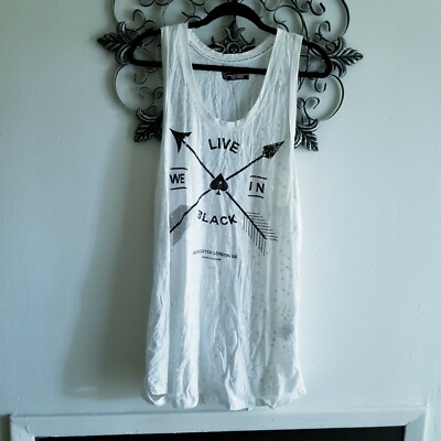 Religion We Live In Black White Sequin Destressed Tunic Tank L $145