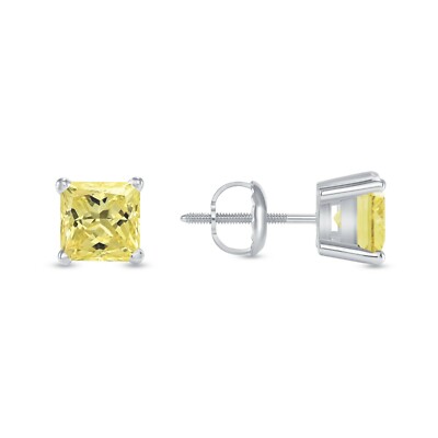 Pre-owned Shine Brite With A Diamond 2 Ct Princess Cut Canary Earrings Studs Solid 14k White Gold Screw Back Basket