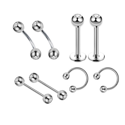8pcs Clear Gem Body Piercing Jewellery Barbell Ring Labret Stud BCR Belly