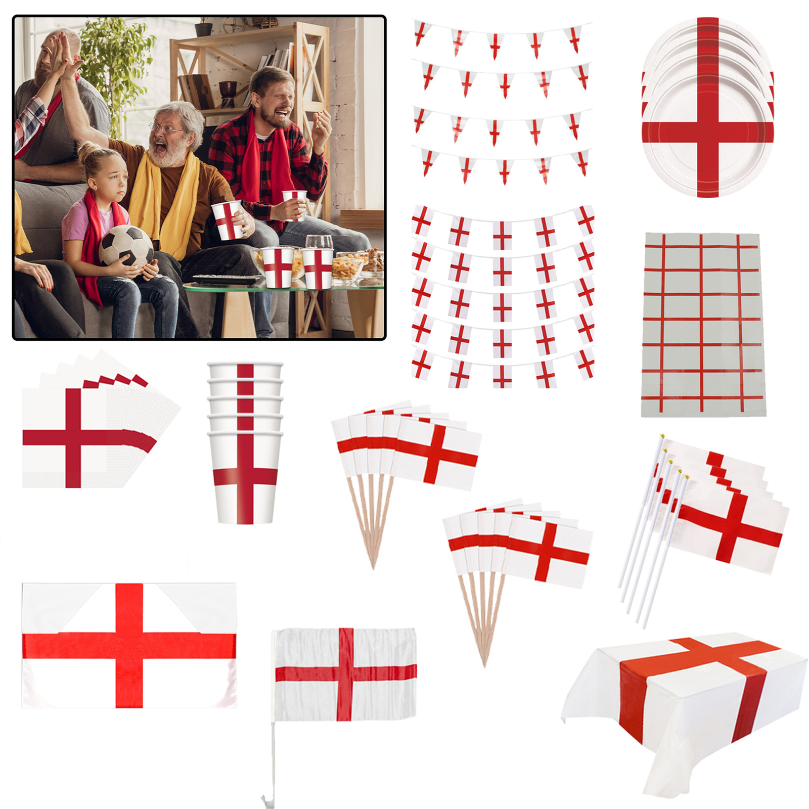 England Football Supporters Tableware Set Flag Bunting Cup Party Decorations
