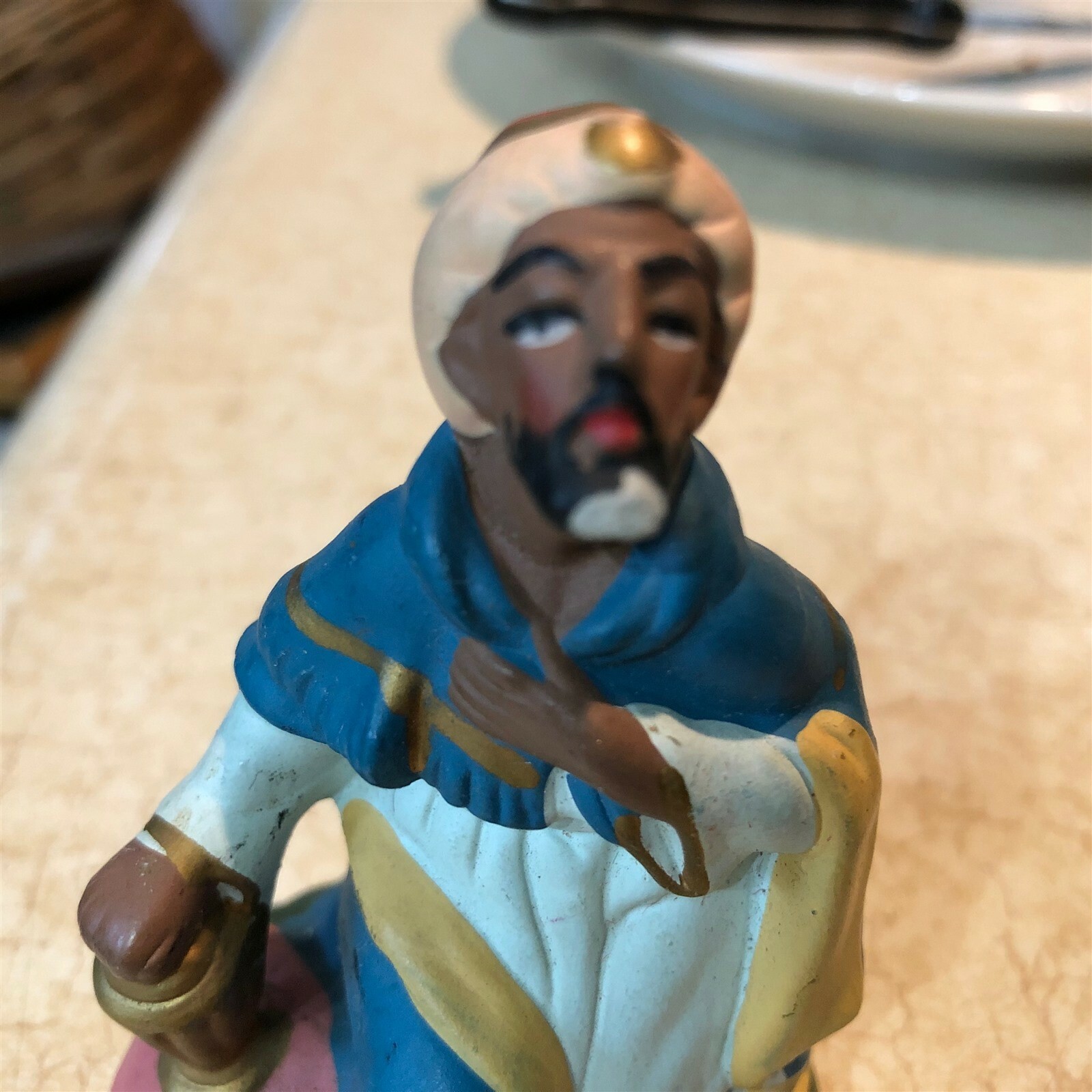 vintage Paper Mache Wise Man Nativity kneeling robe gifts turban