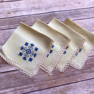 Vintage Hand Embroidered In Blue Pale Green Linen Luncheon Napkins Lot Set 4