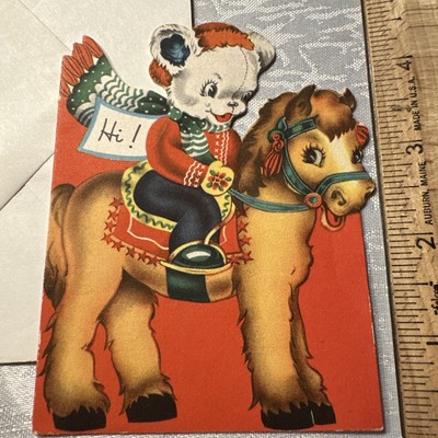 Vtg UNUSED Christmas Card Bear White Diecut Riding Horse W/Env