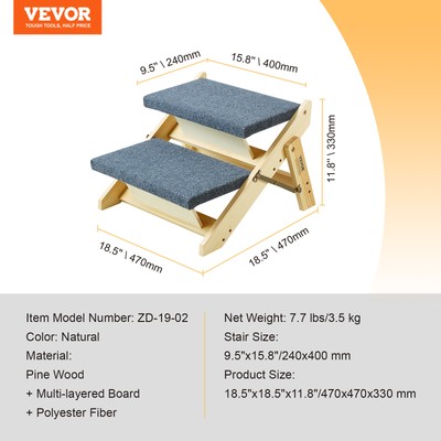 VEVOR  Wooden Pet Stairs/Pet Step with 2 Steps 2-in-1 Foldable Dog Stair 110 lbs