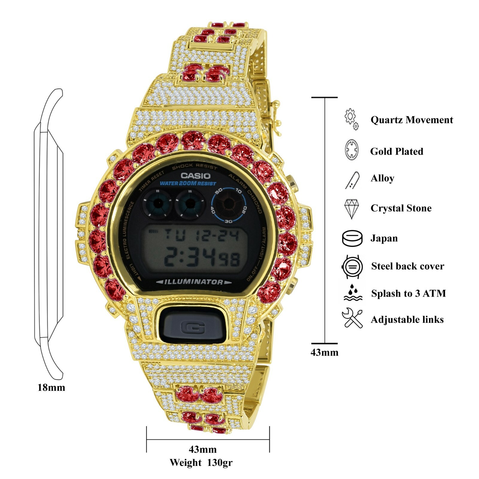Pre-owned G-shock Ruby Red Solitaire Custom Authentic Casio  Dw 6900 Yellow Gold Tone Watch