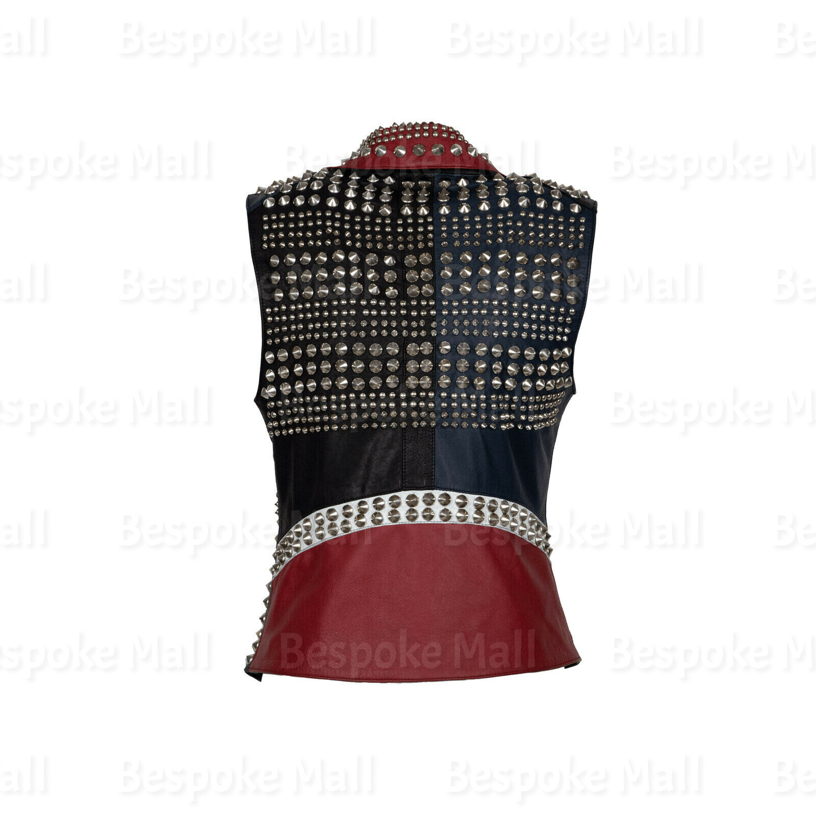 Pre-owned Handmade Women's Black Red Silver Studded Punk Unique Cowhide Biker Leather Vest-694
